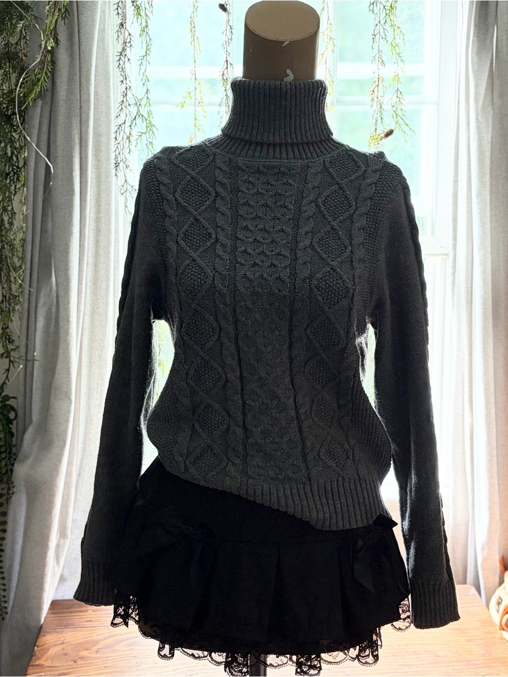 Dark Gray Cable Knit Turtleneck Sweater